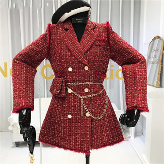 QueenLine New Gold thread Plaid Suit Coat Women Notched Double breasted Feather Tassel Trim Slim Tweed Jacket With Free Belt bag