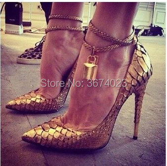 QueenLine Luxury Sexy Gold Shoes Women Snakeskin High Heels Padlock Talons Pointed Toe Stilettos Ankle Strap Pumps Party Heels