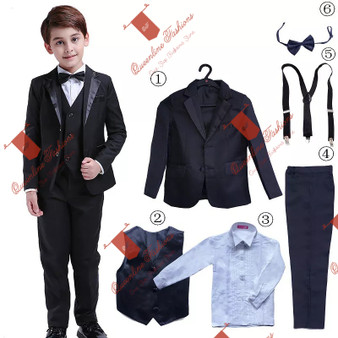 QueenLine 6 Pcs Classic Boys Suits for Weddings Formal Blazer Kids Tuxedo Shirt Vest Party Ring bearer Suits Black