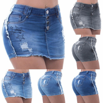 Queenline Jean Shorts Women Summer Denim Skirt Shorts High Waist Skinny Ripped Washed Jeans Fashion Button Design Streetwear Plus Size