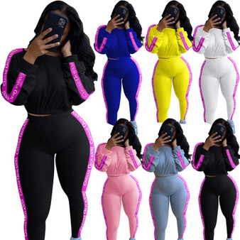 QueenLine Women 2 Piece Set Fall Clothing Suit Letter Patchwork Ribbed Bodycon Outfits Tracksuit Matching Set 