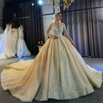 QueenLine Full Pearls Luxury Wedding Dress With Long Train