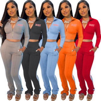 QueenLine Wholesale Items 15 PCS Women Fall Clothing Casual Tracksuits 2 Piece Set Outfits Long Sleeve Zipper Crop Top Flare Pant Bulk Lots X0050