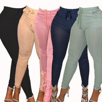 QueenLine 10 PCS Wholesale Bulk Items Lots Women's Ribbed Knitted Skinny Pencil Legging Fall Winter High Waist Drawstring Bodycon Elastic Pants