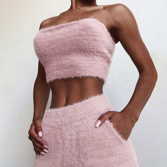 QueenLine Women 2 Piece Fall Winter Warm Clothes Set Casual Pink Black Bodycon Two Piece Wrap Chest Crop Top and Shorts Bandage Party Set