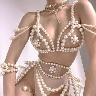 QueenLine Exaggerated Imitation Big Pearls Body Chain Bra Waist Belly Chain for Women Pearl Sexy Bralette Bikini Set Body Jewelry