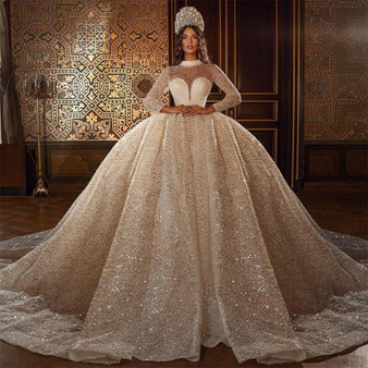 QueenLine Dubai Luxury Wedding Dresses Plus Size Lace Sequined Cathedral Bridal Gowns Customise Long Sleeve Vintage vestido de novia