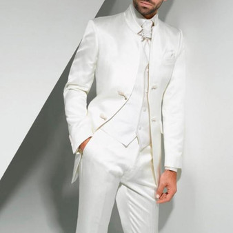 QueenLine Vintage White Long Tunic Men Suits for Groom Wedding Tuxedo with Stand Collar 3 Piece Male Fashion Clothes Set Jacket Vest Pants