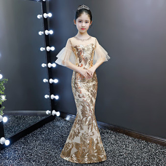QueenLine Kid luxury sequined evening dress children girl gold bodycon trumpet elegant mermaid wedding party Cocktail chinese style dress