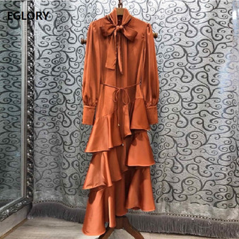 QueenLine Bow Tie Elegant Long Dress Autumn Evening Party Women Cascading Ruffle Sexy Asymmetrical Long Maxi Dress Special Occasions