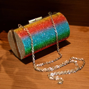 QueenLine Luxury Rainbow Rhinestone Evening Clutch Bag Diamond Cylinder Shoulder Bag