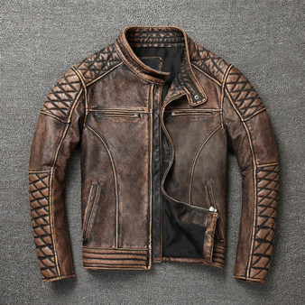 QueenLine Vintage Men Leather Jacket Thick 100% Genuine Cowhide Biker Jacket Slim Fit Men Motorcycle Coat Autumn ASIAN SIZE S-5XL M419