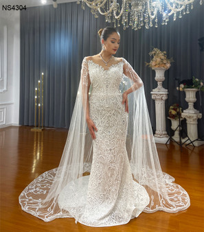 QueenLine Pearls Mermaid Wedding Dress With Cape