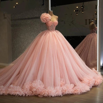 QueenLine Princess Pink Long Prom Dresses Beading Handmade Flower Evening Gowns Arabic Plus Size A-Line Puffy Wedding Party Dress Robes