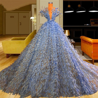 QueenLine New Chic Long Evening Dresses Haute Couture A-line With Blue Feathers Long Party Celebrity Gowns Formal Prom Dress