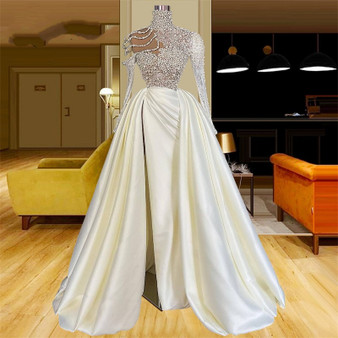 QueenLine Pearls Ball Gown Long Sleeves Prom Party Dresses Plus Size Puffy Split Side Satin Elegant Beading Evening Gowns Robe