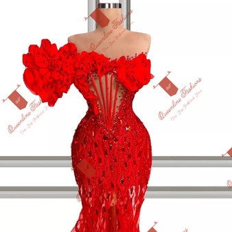 QueenLine Crystals Red Beaded Celebrity Dresses Women Party Dress Dubai Arabic Saudi Arabia Aibye Mermaid Prom Dresses Evening Gowns