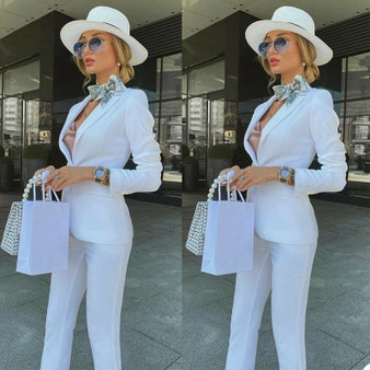 QueenLine White Slim Fit Pants Suits Women Long Sleeve Leisure Outfits Evening Party Mother of the Bride Wedding Formal Wear 2 Pieces