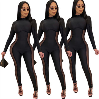 QueenLine 10pcs Sexy Mesh Patchwork Black Jumpsuit Women Long Sleeve Rompers One Piece Outfit Overall Wholesale Items for Business 