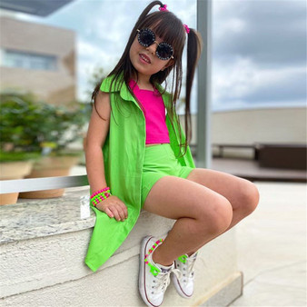 QueenLine 10Sets Bulk Items Wholesale Girls 3 Piece Sets Spaghetti Strap Vest + Shorts + Sleeveless Waistcoat Suits Fashion Kids Set 