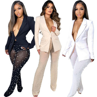 QueenLine 5Sets Women Blazer Suits Wholesale Bulk Boutique Suit Jacket + Bubbles Mesh Pants Two Piece Sets Ladies Fall Clothing Sets
