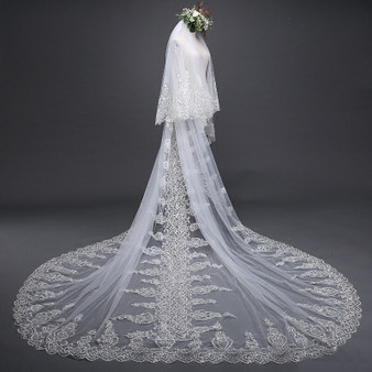 QueenLine Luxury Long Bridal Veils White Wedding Veils With Comb Lace Edge Applique Elegant Sparkle Lace 2t 3x3.5meters Long Veils