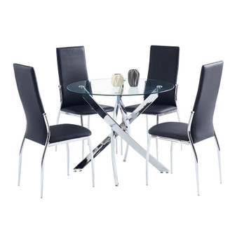 QueenLine Dining Table Chairs Set Include 1 Round Spiral Cross Leg Glass Dining Table + 4 Simple Flat PU Leather Dining Chair Black