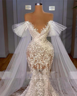 QueenLine Gorgeous Lace Mermaid Wedding Dresses Luxury Pearls Beading Bridal Gowns with Cape Arabic Beach Wedding Dress