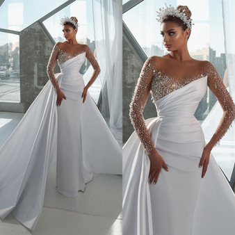 QueenLine Modest Mermaid Illusion Bridal Gowns Sheer Neck Jewel Wedding Dress Custom Made Crystals Beading with Train Vestido de novia