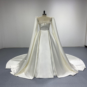 QueenLine 100% Office Photos Sparkly Pearls Crystal Beige A-Line Satin Wedding Dress With Big Detachable Break Floor Length Sleeve