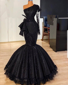 QueenLine Muslim One Shoulder Black Evening Dresses Long Formal Lace Robe De Soiree Arabic Couture Long Sleeves Pageant Gowns Vestido