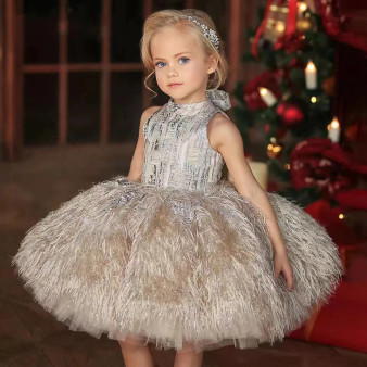 QueenLine Puffy Princess Dress Tulle Girl Birthday Dress Feather Flower Girl Dress children Dress Luxury First Communion Gown