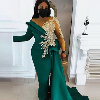 QueenLine Dark Green Evening Dresses Scoop Sheer Neck Long Sleeves Mermaid Prom Dress Beads Appliques Side Train African Women Party Gown