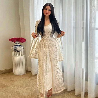 QueenLine Luxury Kaftan Arabic Moroccan Dubai Abaya Evening Dresses Muslim Long Sleeve Women Wedding Party Gowns Ivory Formal Party Dress