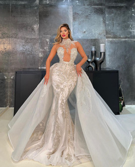 QueenLine Luxurious Mermaid Bridal Gowns Sheer High Neck Beading Wedding Dress Custom Made Sequined Lace Crystals Vestido de novia
