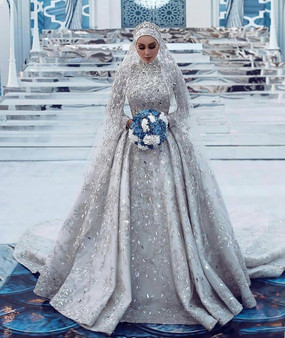 QueenLine DuBai wedding dresses Bridal Gowns Luxury Saudi Arabic Lace A-line High Neck Muslim Sparkly Long Sleeves Sequin Dress