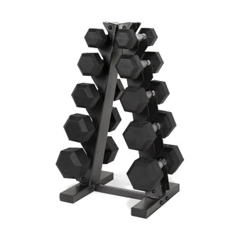 QueenLine 150 lb Coated Rubber Hex Dumbbell Weight Set with A-Frame Rack, Black dumbell weights for fitness 