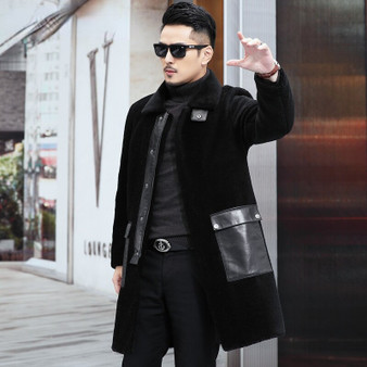 QueenLine Wool Trench Business Casual Black Cashmere Lamb Leather Fur Overcoat Goat Skin Warm Long Jacket 