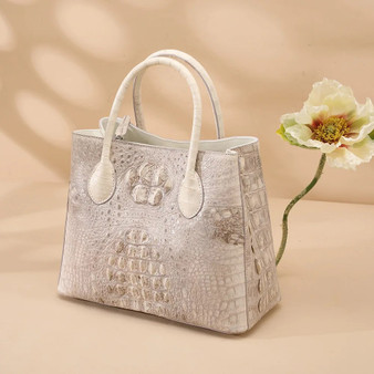 QueenLine Crocodile Leather Genuine Leather White High Grade Large Capacity Shoulder Handbag 