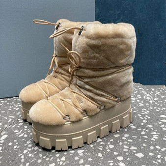 QueenLine Warm Snow Cross-tied Round Toe Thick-soled Fluffy Waterproof Winter Shoes Mid Calf Boots