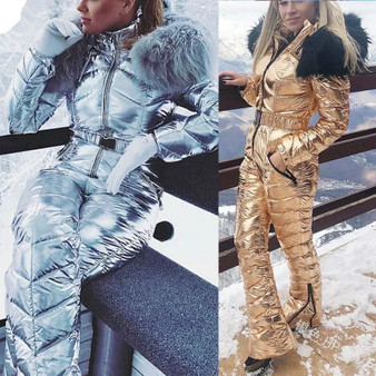 QueenLine Shiny Silver Gold One-Piece Women Windproof Skiing Jumpsuit Snowboarding Snow Ski Suit