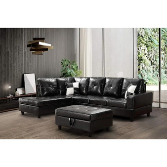 QueenLine L Shaped Sectional 3 Piece Set,imitation leather  with left recliner,Storage footstool and pillows sofa