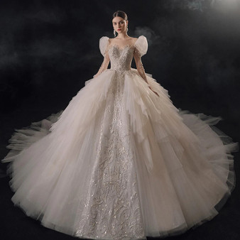 QueenLine International Organza Full Sleeves Illusion Embroidery Beading Wedding Dresses  