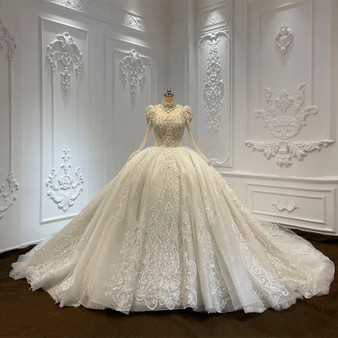QueenLine Exquisite High Neck Button Organza Embroidery Wedding Gown