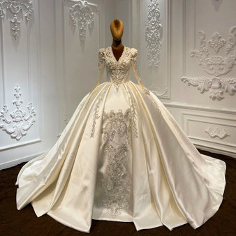 QueenLine Exquisite Satin V-neck Full Sleeves Beading Crystal Wedding Gown