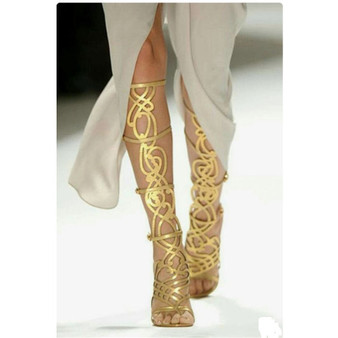 QueenLine Runway Gold Open Toe Cutouts Knee High Boots Summer Designer Gladiator Women's Sandals Boots Luxury High Heels Party Shoes Woman