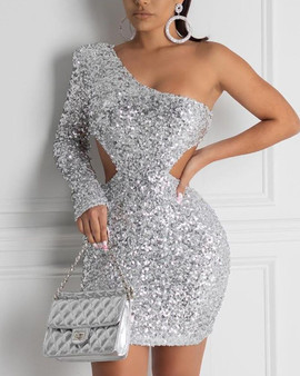 QueenLine Sexy Bling Sequins Dress Women One Shoulder Mini Vestido Luxury Nightclub Party Dresses Elegant