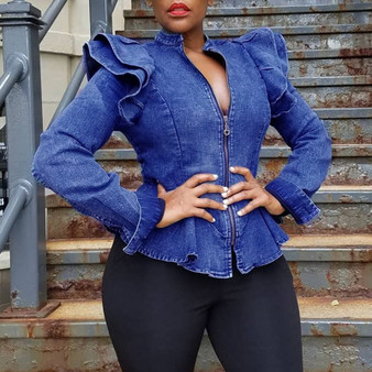 QueenLine Slim Denim Women Jacket Tops Autumn Ruffles Sleeve African Casual High Waist Zipper Blouse Tops Shirts Femme Jacket Outwear