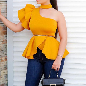 QueenLine Yellow Asymmetric Blouse Women Shirts Slim Ruffles Short Sleeve Lady Office Stand Collar Plain High Waist Falbala Blouses