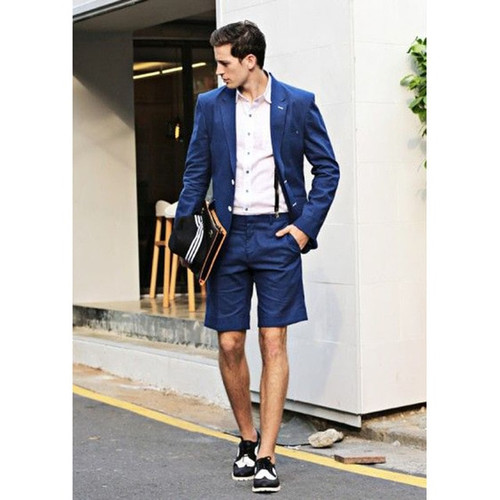 QueenLine Latest Coat Blue Summer Beach Simple Men Suit with Short Pant Jacket Simple Custom mens suits wedding Tuxedo 2 Piece Terno